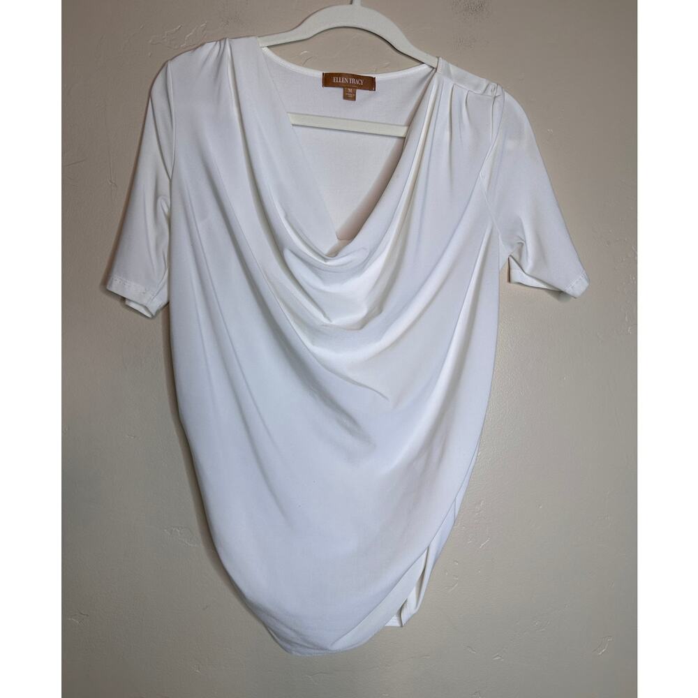 Ellen Tracy White Short Sleeve Draped Cowl Neck Blouse Medium